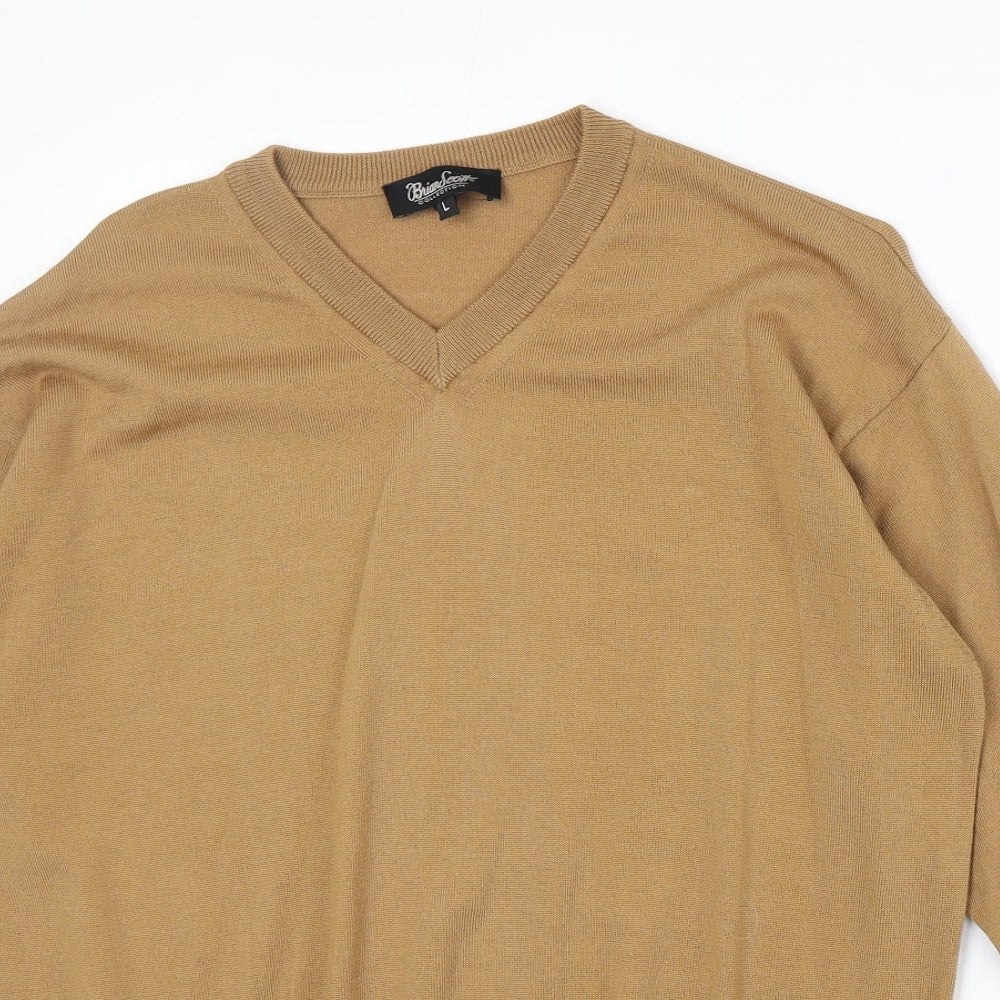 Brian Scott Mens Brown V-Neck Wool Pullover Jumper Size L Long Sleeve