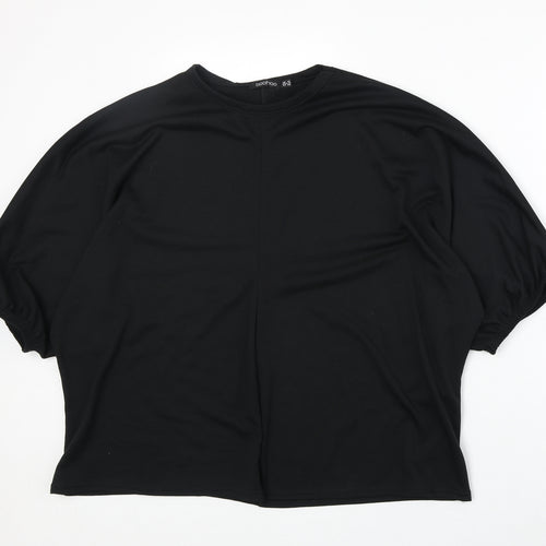 Boohoo Womens Black Polyester Basic T-Shirt Size 12 Round Neck - Tie Sleeve Detail