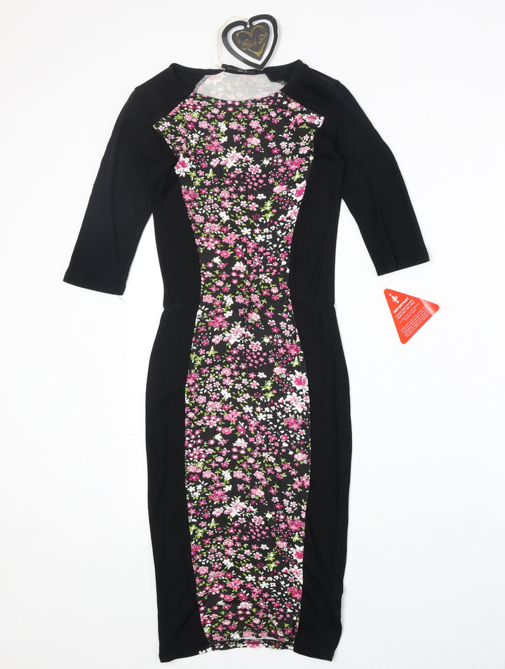 Club L Womens Black Floral Viscose Bodycon Size 8 Round Neck Pullover