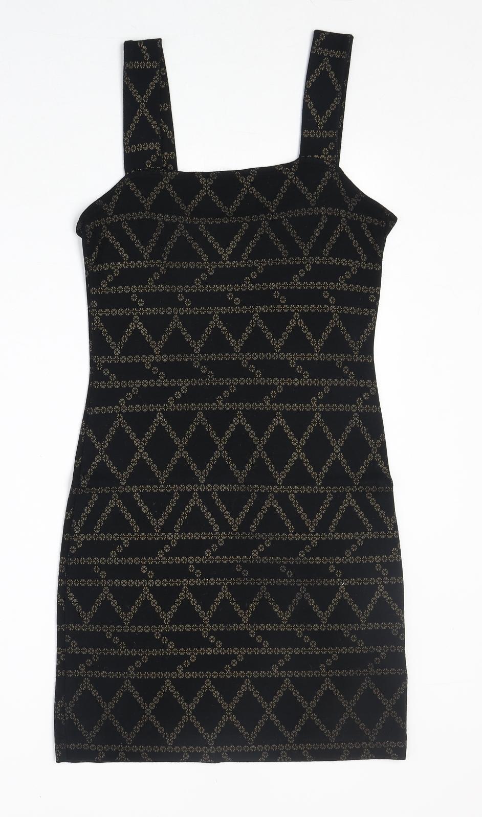 H&M Womens Black Geometric Viscose Bodycon Size S Square Neck Pullover