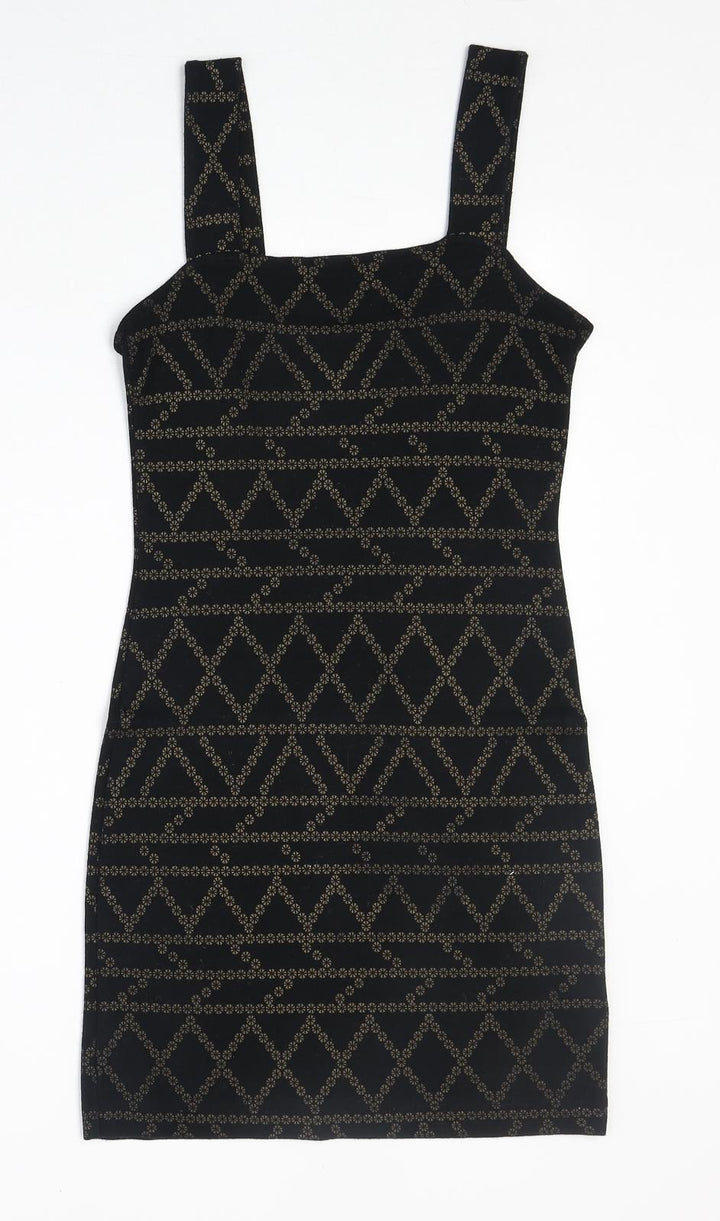 H&M Womens Black Geometric Viscose Bodycon Size S Square Neck Pullover