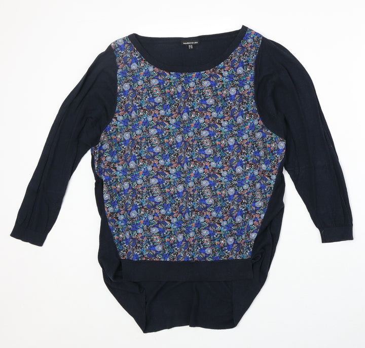 Warehouse Womens Blue Boat Neck Floral Viscose Pullover Jumper Size 10