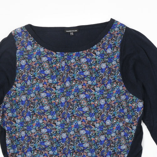 Warehouse Womens Blue Boat Neck Floral Viscose Pullover Jumper Size 10