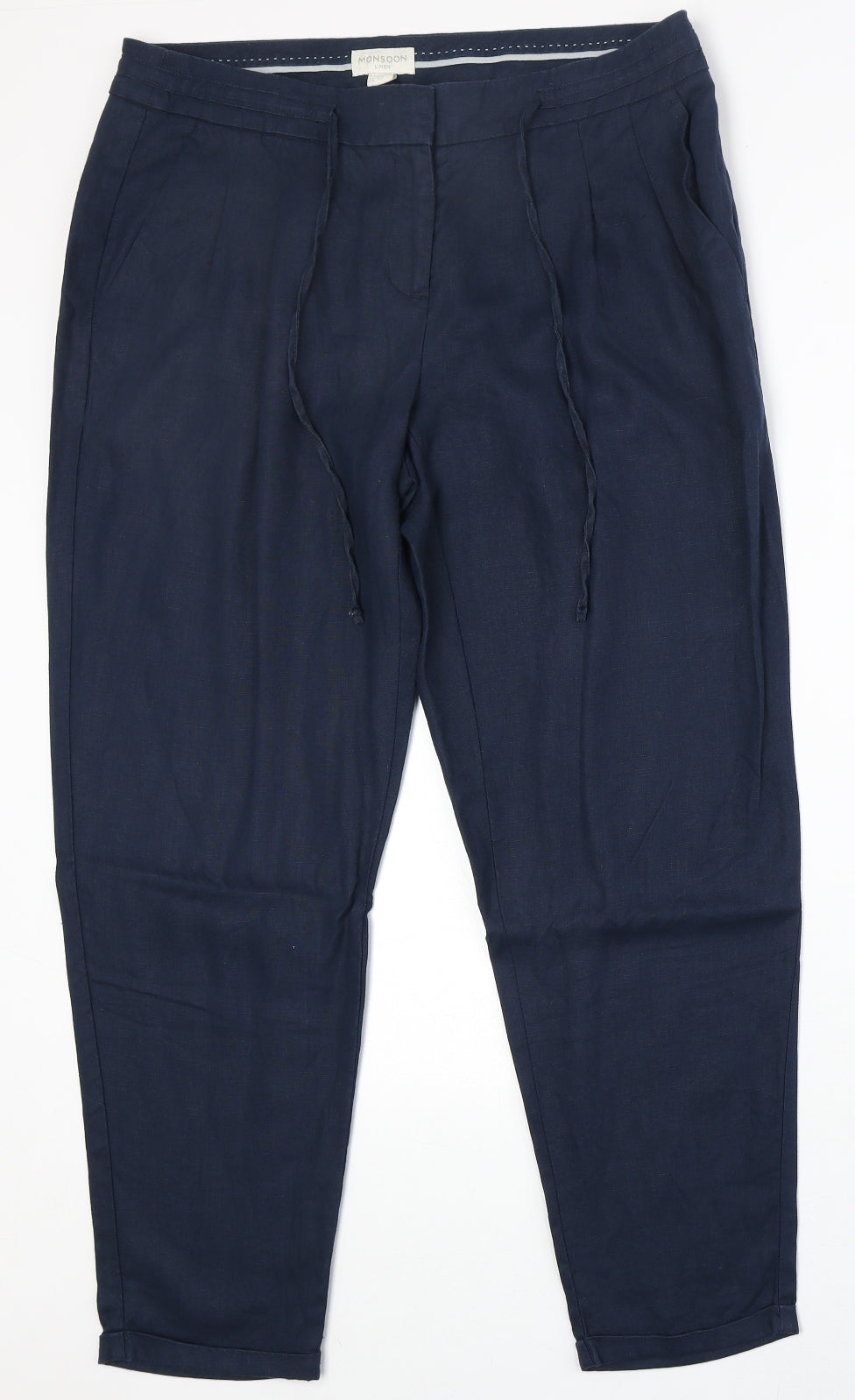 Monsoon Womens Blue Linen Carrot Trousers Size 14 Regular Zip
