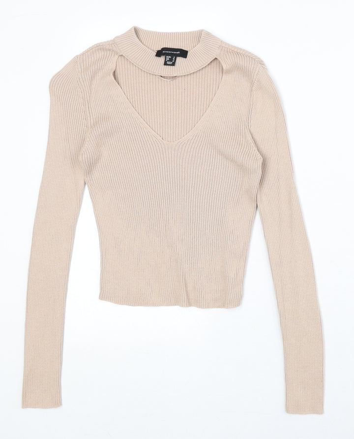 Atmosphere Womens Beige Mock Neck 100% Cotton Pullover Jumper Size 8 - Cut Out Detail