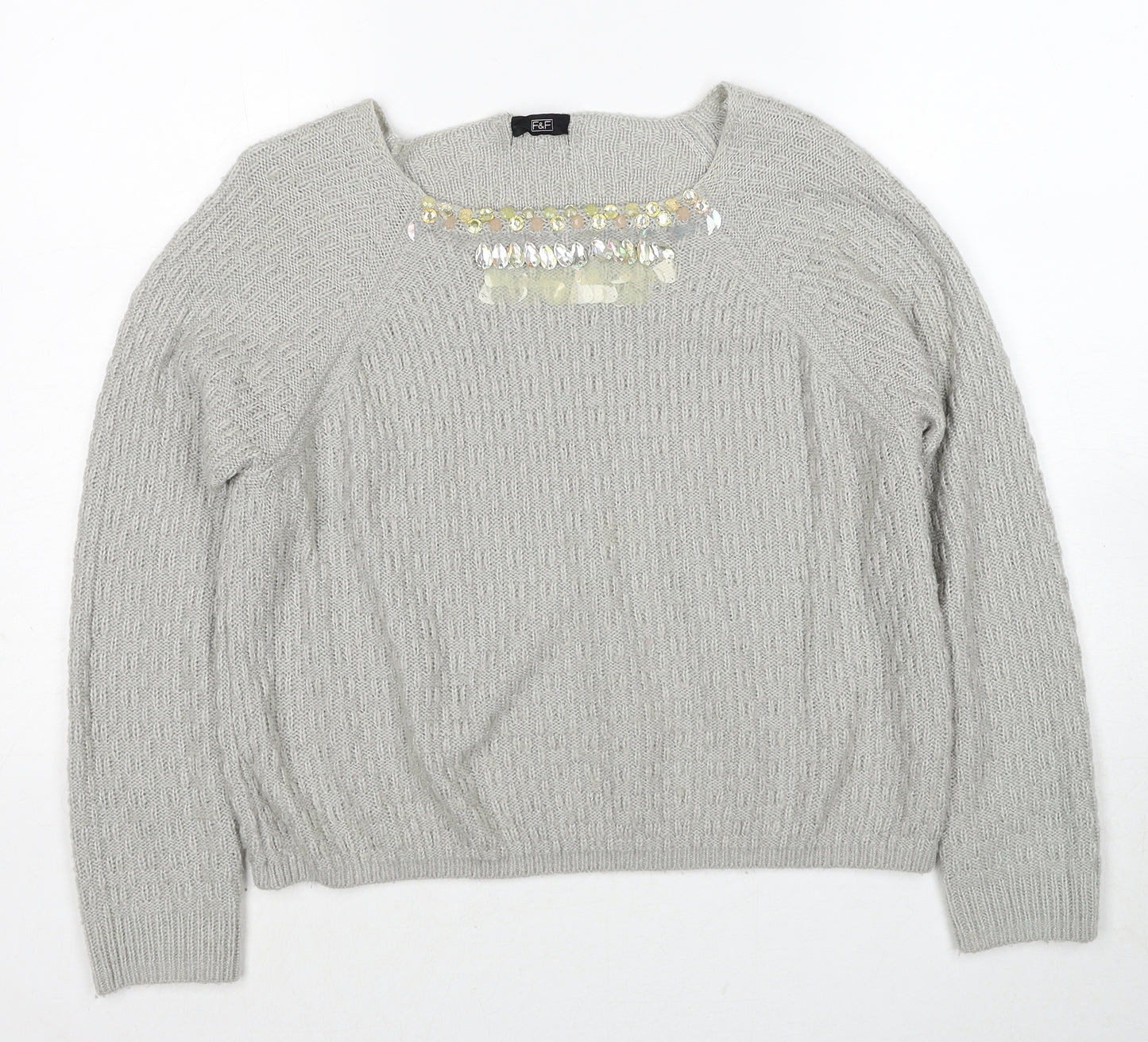 F&F Womens Grey Round Neck Acrylic Pullover Jumper Size 12