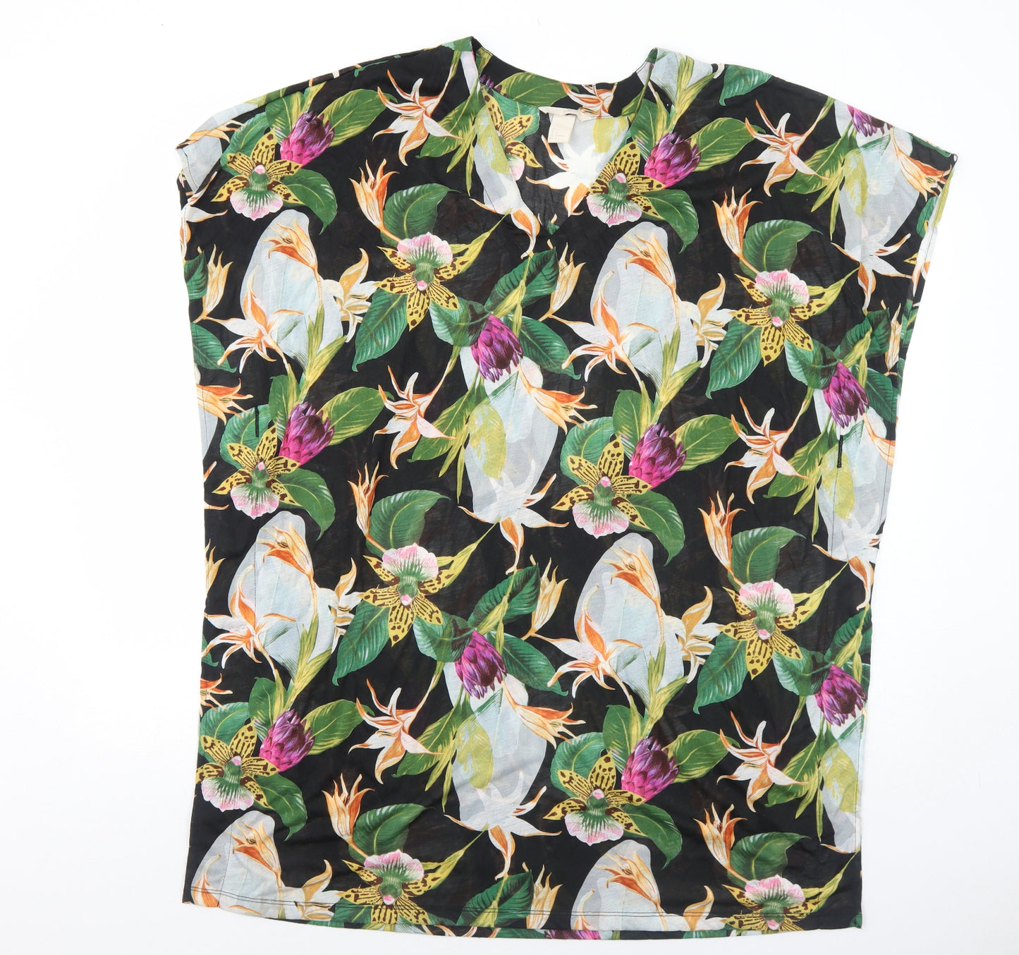 H&M Womens Black Floral Polyester A-Line Size L V-Neck Pullover - Beach Cover Up