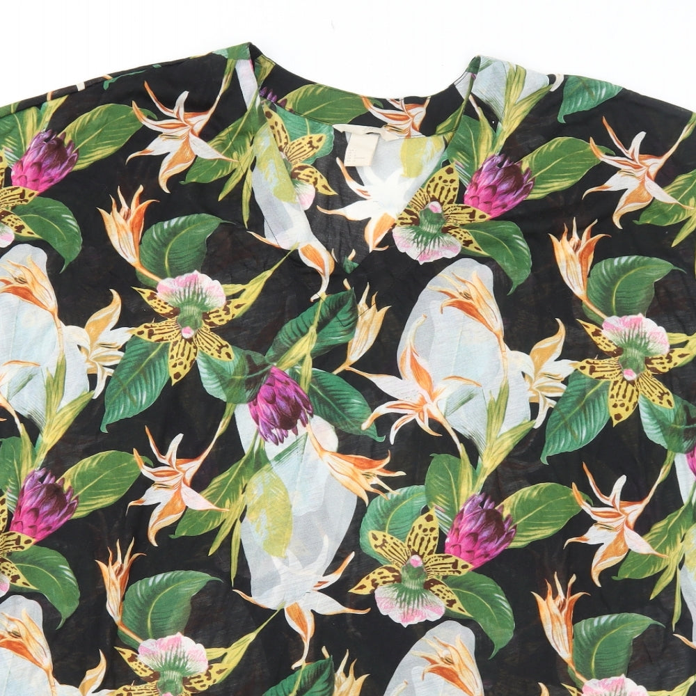 H&M Womens Black Floral Polyester A-Line Size L V-Neck Pullover - Beach Cover Up