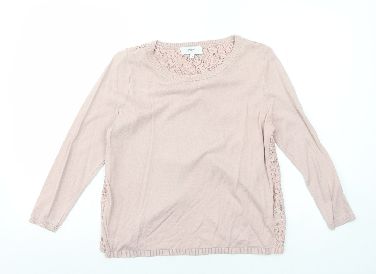 NEXT Womens Pink Round Neck Cotton Pullover Jumper Size 12 - Lace Details on Back