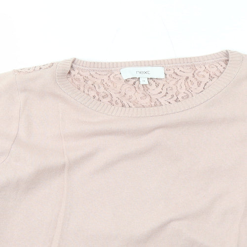 NEXT Womens Pink Round Neck Cotton Pullover Jumper Size 12 - Lace Details on Back