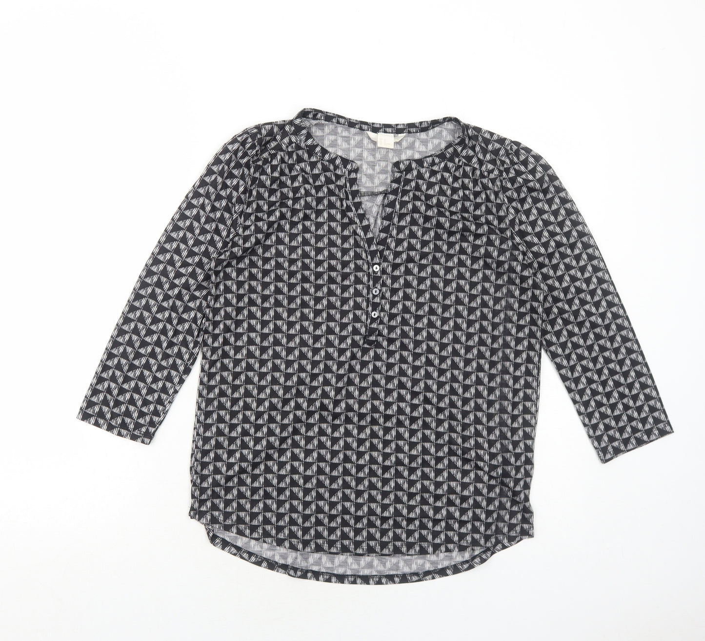 H&M Womens Black Geometric Polyester Basic T-Shirt Size XS V-Neck