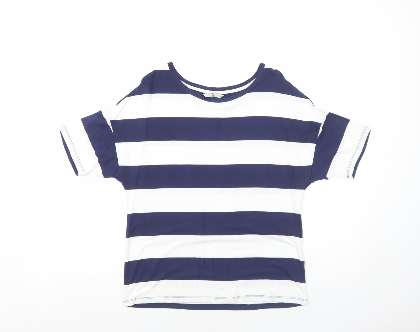 TU Womens Blue Striped Viscose Basic T-Shirt Size 10 Round Neck