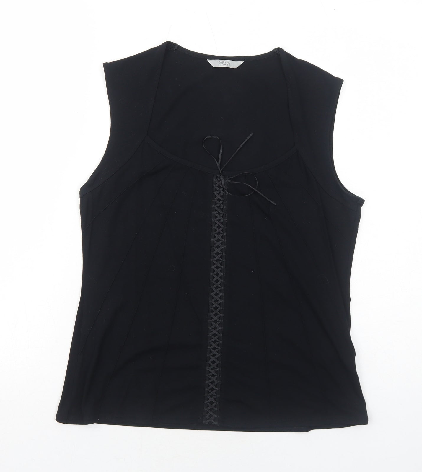 Marks and Spencer Womens Black Viscose Basic Blouse Size 16 Square Neck - Lace Up Detail
