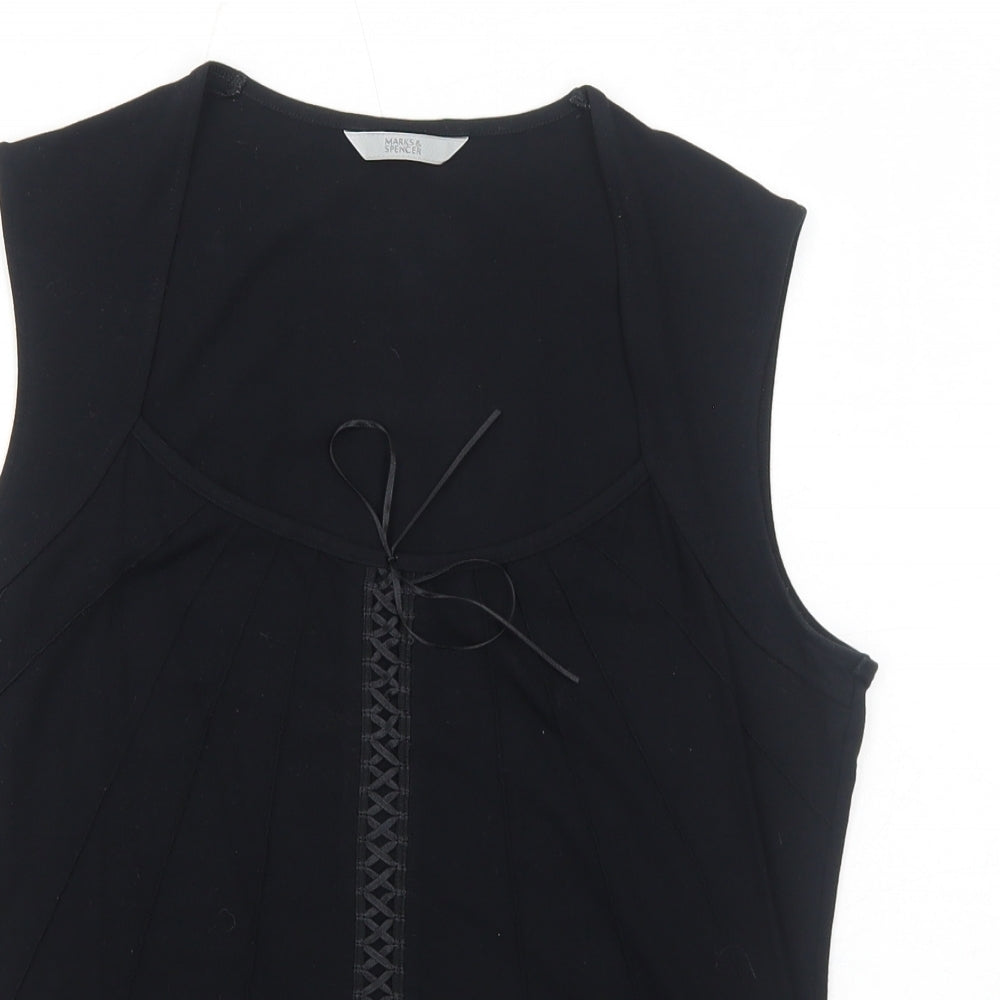 Marks and Spencer Womens Black Viscose Basic Blouse Size 16 Square Neck - Lace Up Detail