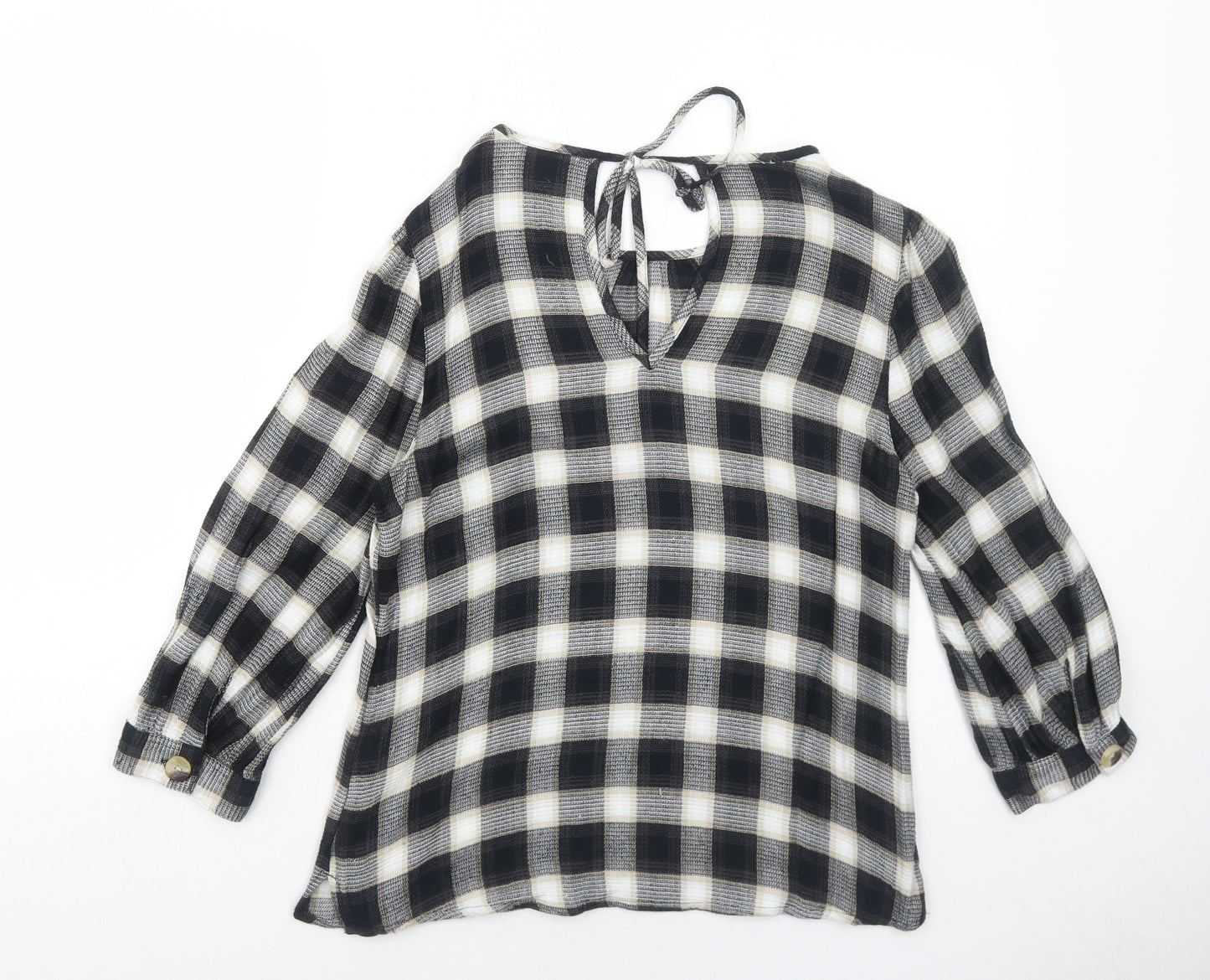NEXT Womens Black Check Viscose Basic Blouse Size 10 Boat Neck
