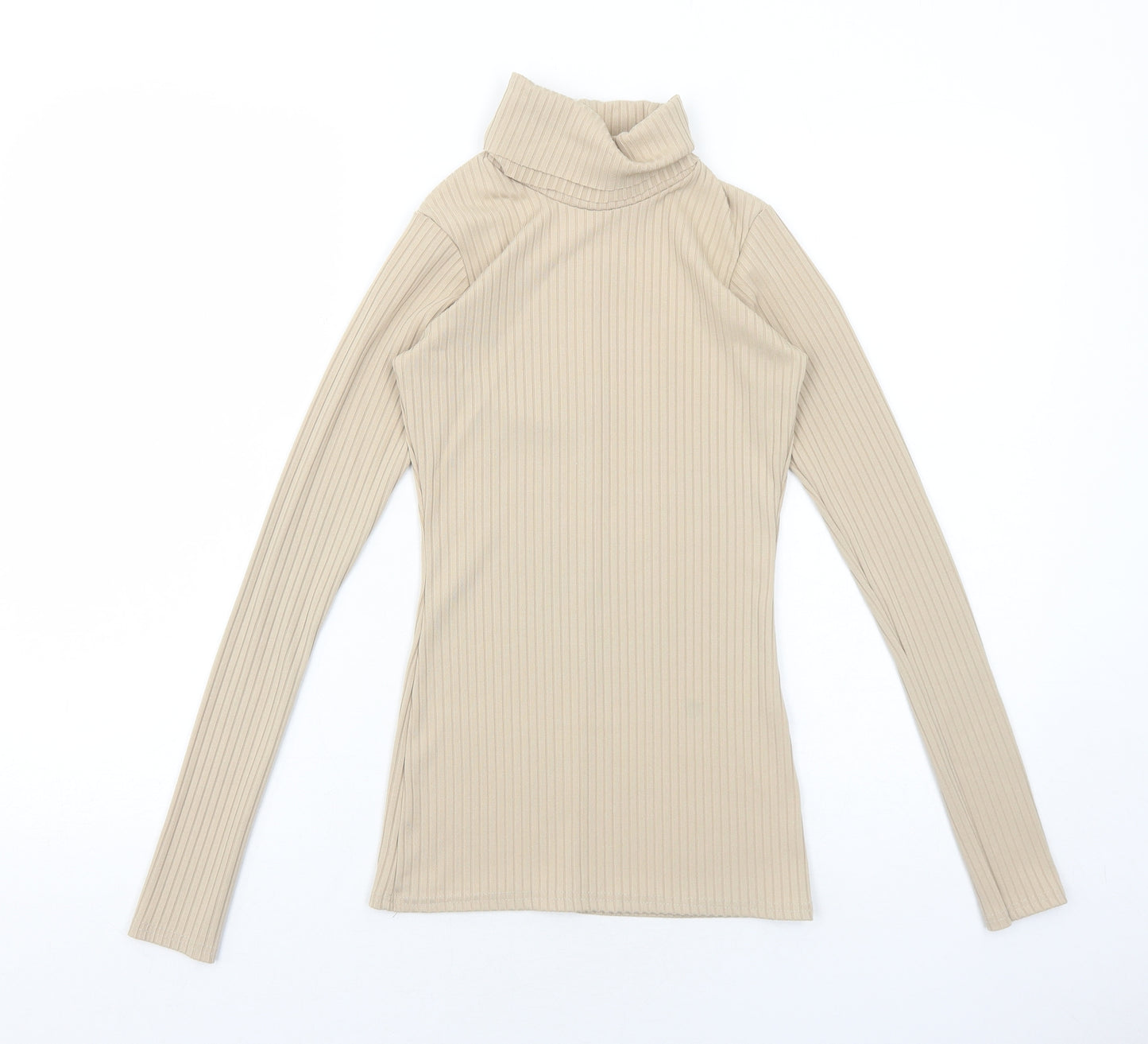 Boohoo Womens Beige Polyester Basic T-Shirt Size 6 Roll Neck - Ribbed