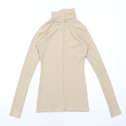 Boohoo Womens Beige Polyester Basic T-Shirt Size 6 Roll Neck - Ribbed