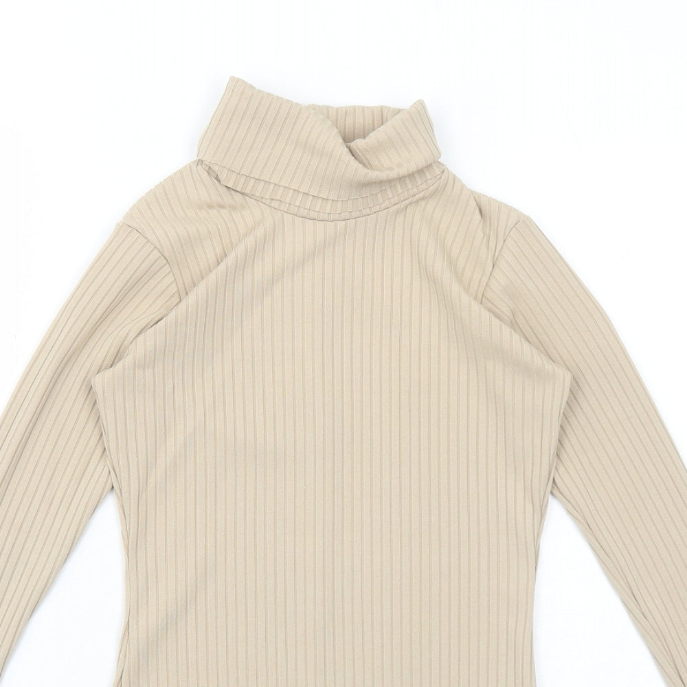 Boohoo Womens Beige Polyester Basic T-Shirt Size 6 Roll Neck - Ribbed