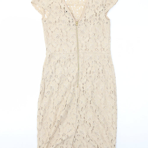 Dorothy Perkins Womens Beige Floral Nylon A-Line Size 8 Round Neck Zip
