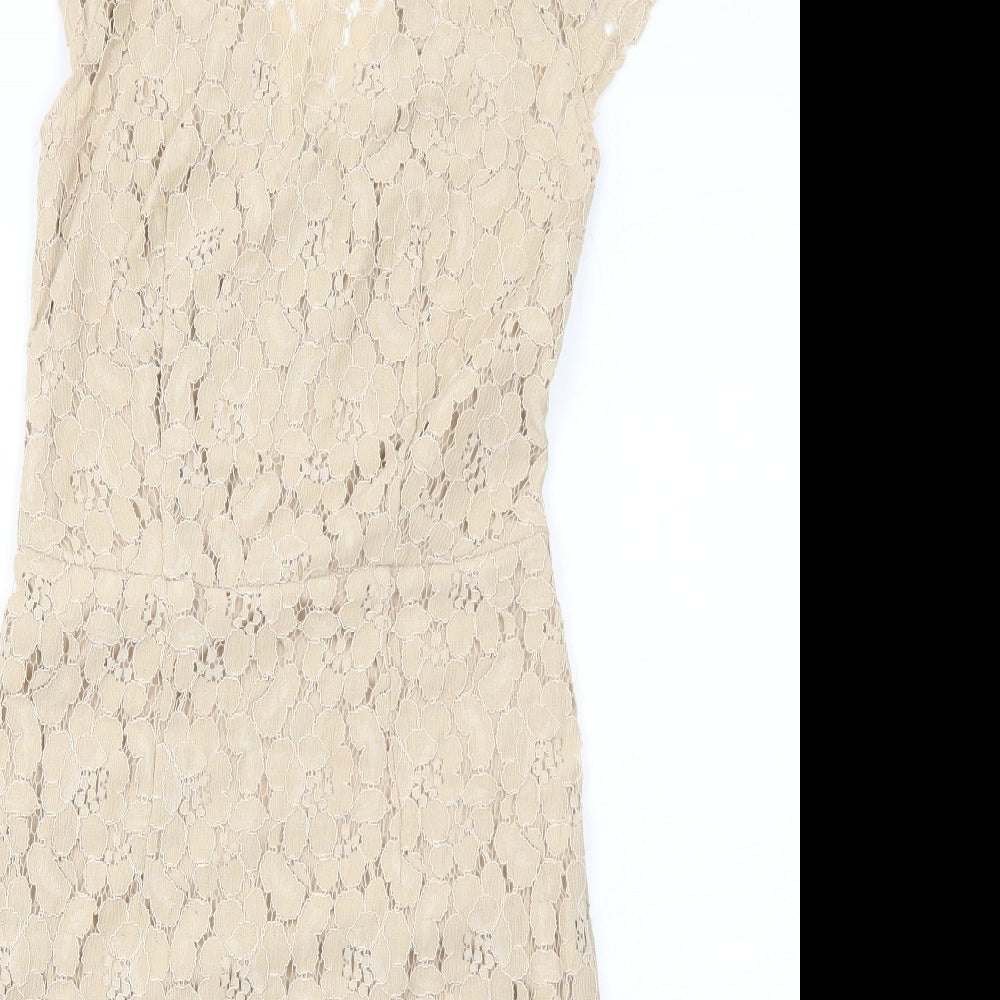 Dorothy Perkins Womens Beige Floral Nylon A-Line Size 8 Round Neck Zip