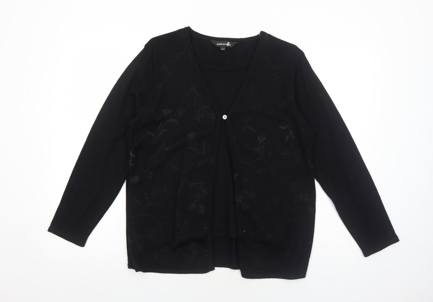 Debbie Morgan Womens Black V-Neck Floral Acrylic Cardigan Jumper Size S