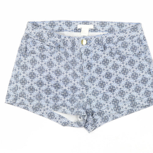 H&M Womens Blue Geometric Cotton Mom Shorts Size 6 Regular Zip