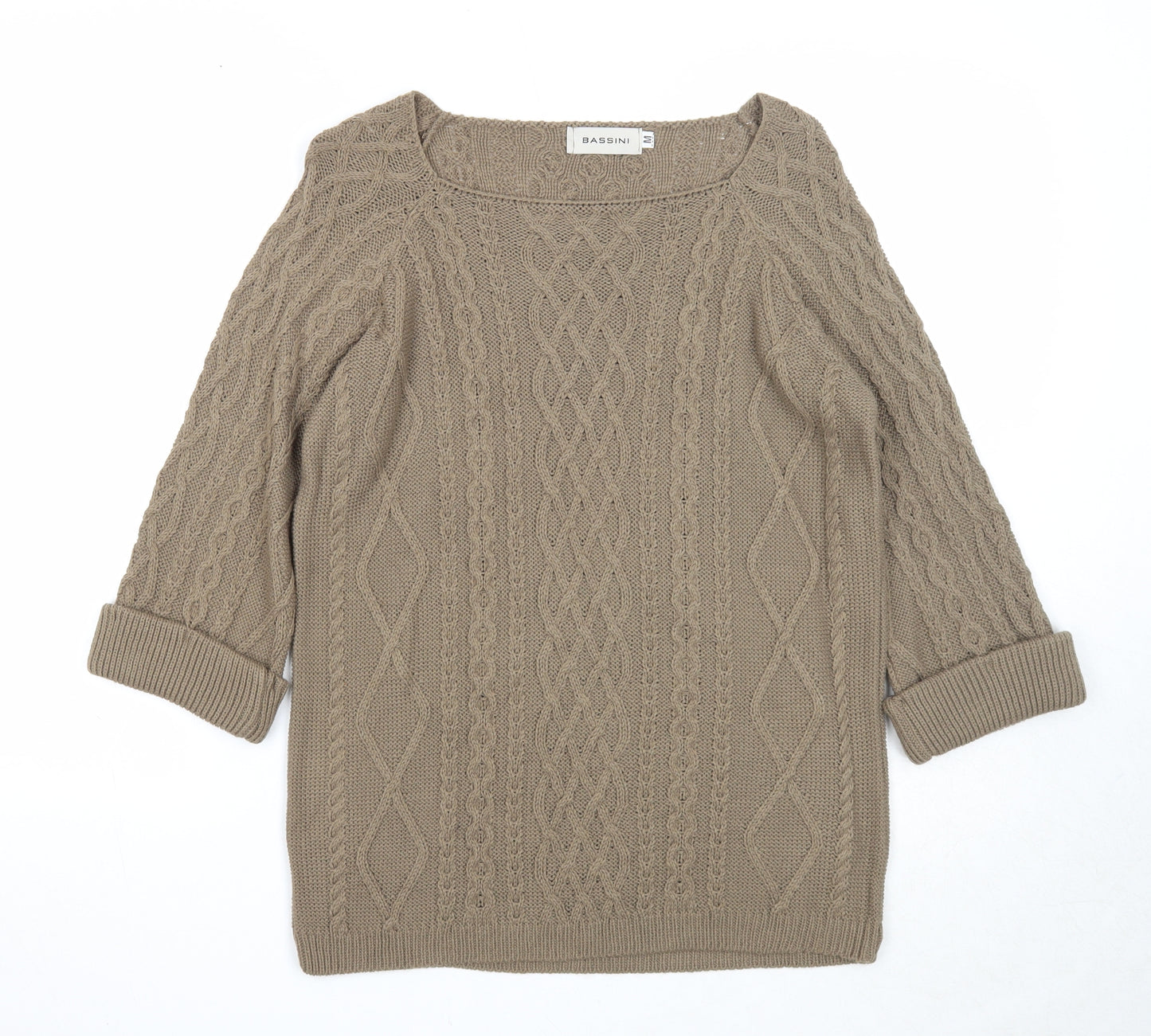 BASSINI Womens Brown Square Neck Geometric Acrylic Pullover Jumper Size M