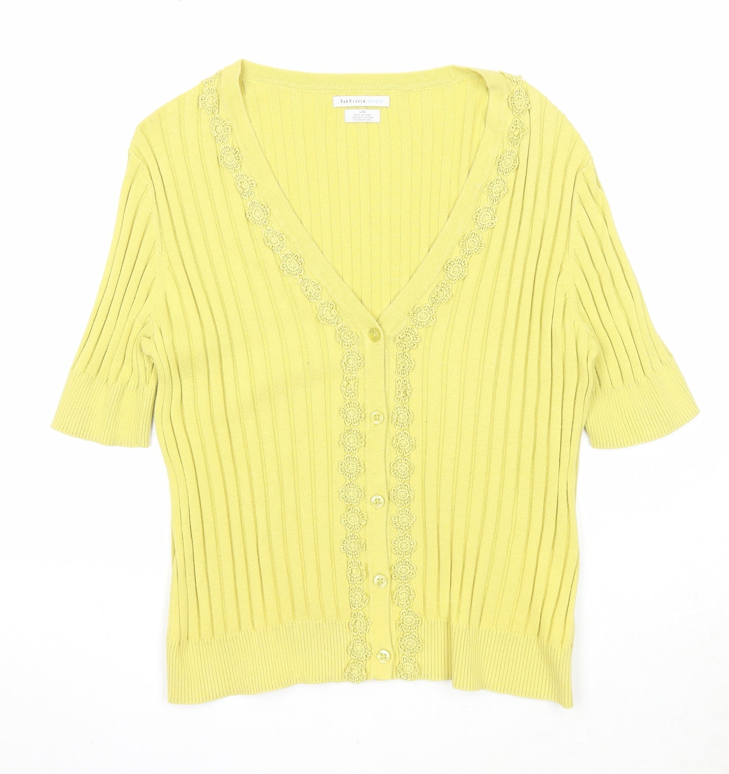 Van Heusen Womens Yellow V-Neck Cotton Cardigan Jumper Size L - Lace Detail