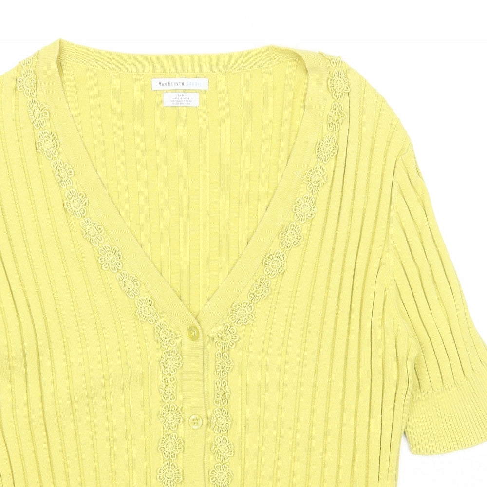 Van Heusen Womens Yellow V-Neck Cotton Cardigan Jumper Size L - Lace Detail