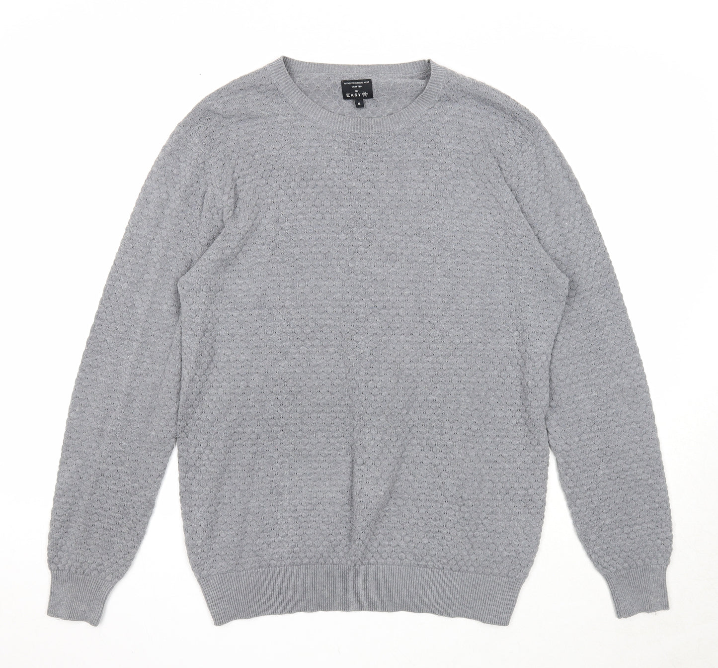 Easy Mens Grey Round Neck Cotton Pullover Jumper Size S Long Sleeve