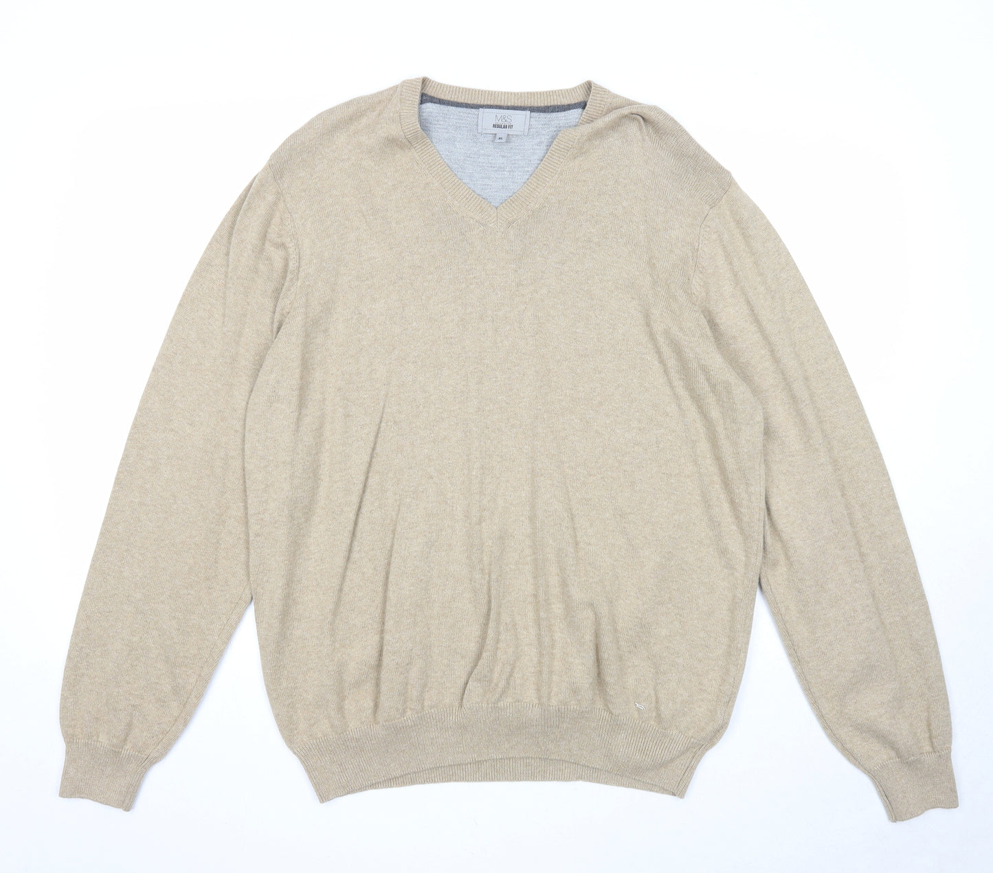 Marks and Spencer Mens Beige V-Neck Cotton Pullover Jumper Size XL Long Sleeve