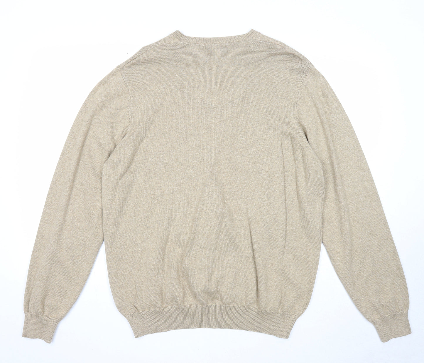 Marks and Spencer Mens Beige V-Neck Cotton Pullover Jumper Size XL Long Sleeve