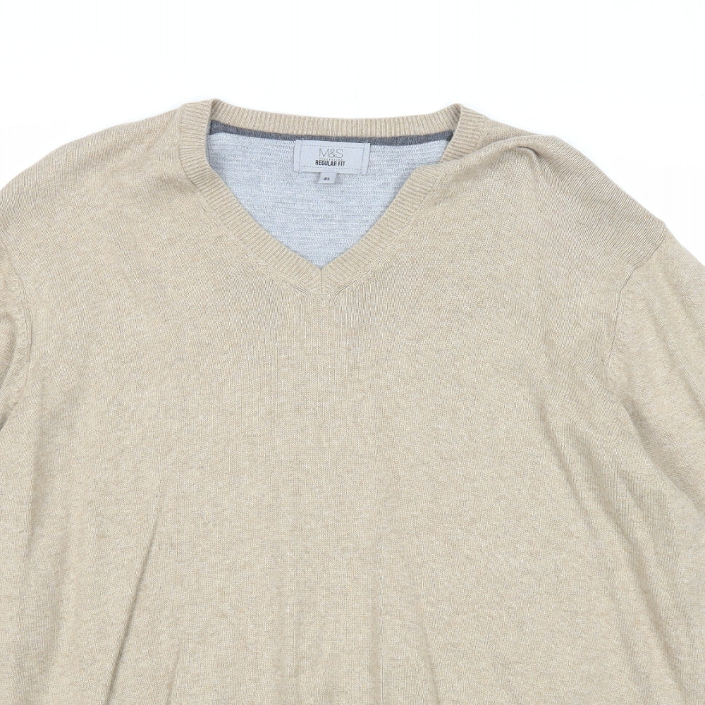 Marks and Spencer Mens Beige V-Neck Cotton Pullover Jumper Size XL Long Sleeve
