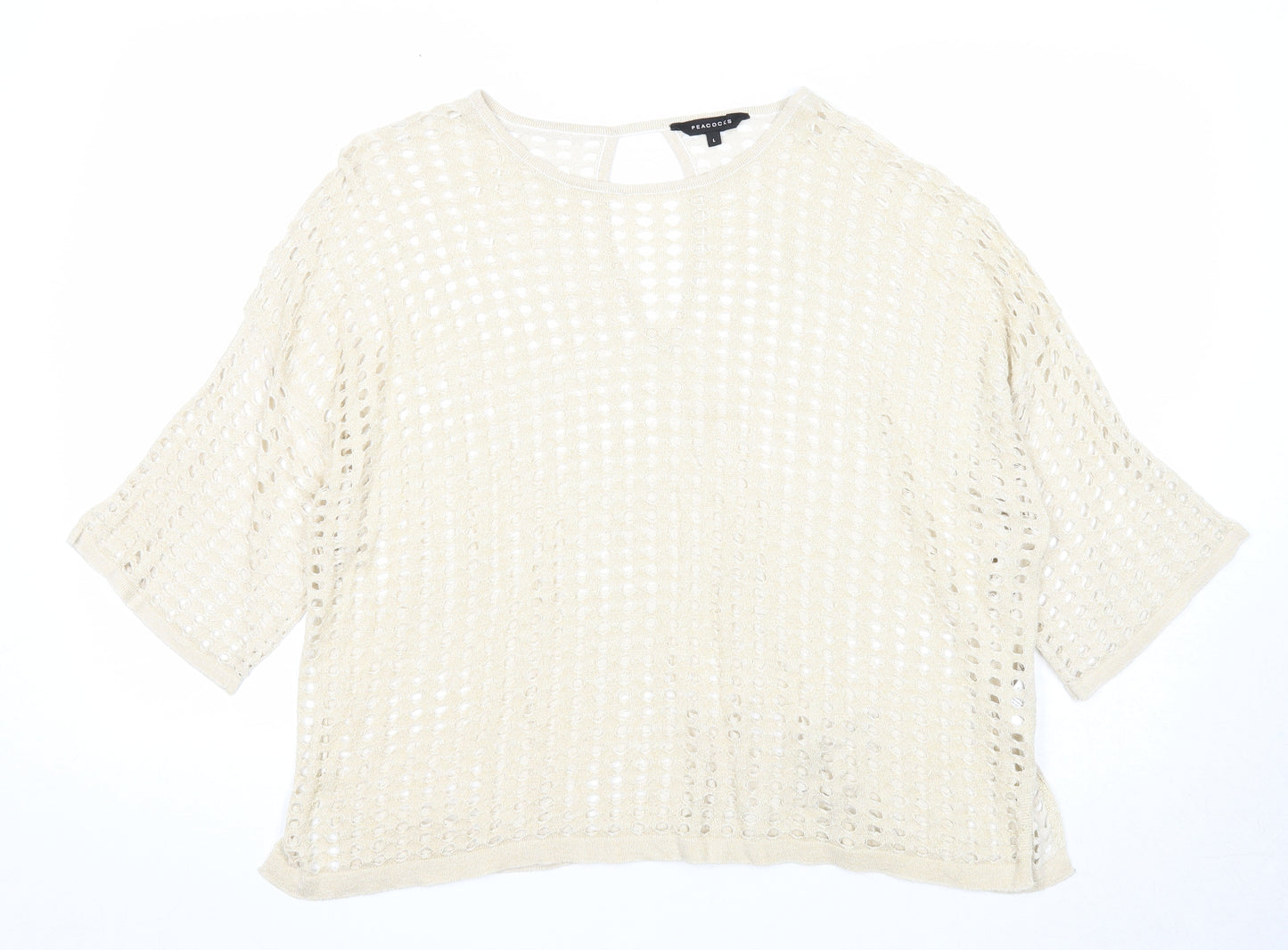 Peacocks Womens Beige Viscose Basic Blouse Size L Round Neck