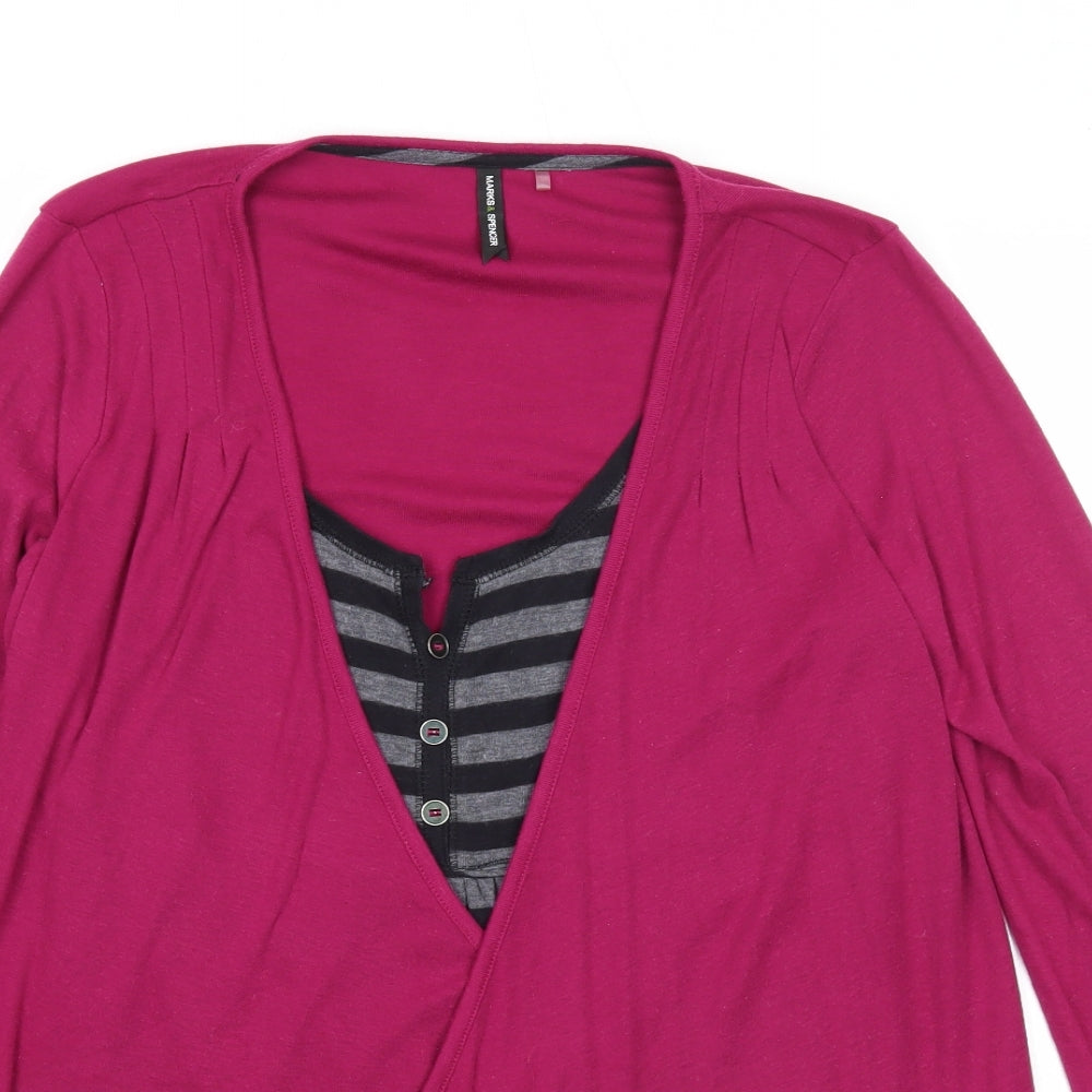 Marks and Spencer Womens Purple Striped Polyester Basic Blouse Size 10 Scoop Neck - Layered