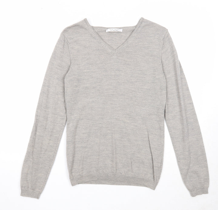 Deane & White Mens Grey V-Neck Wool Pullover Jumper Size S Long Sleeve