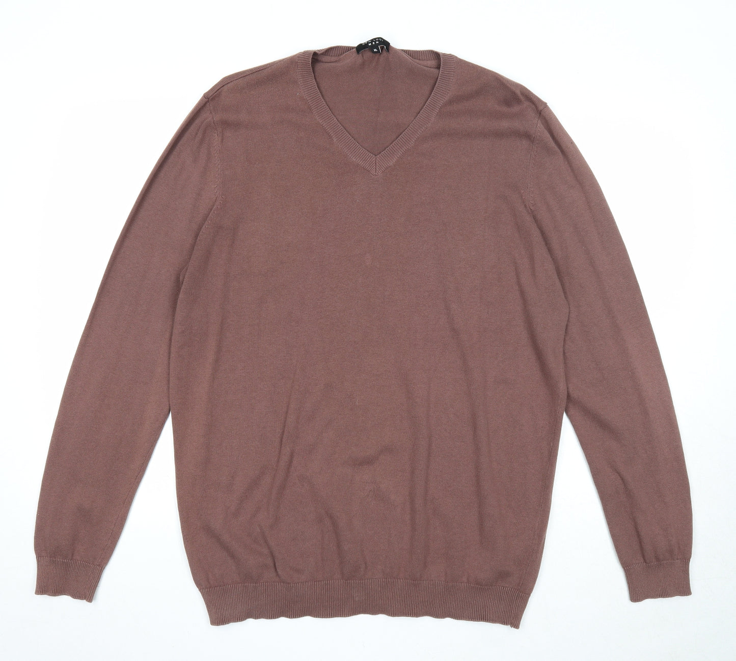 New Look Mens Brown V-Neck Cotton Pullover Jumper Size XL Long Sleeve