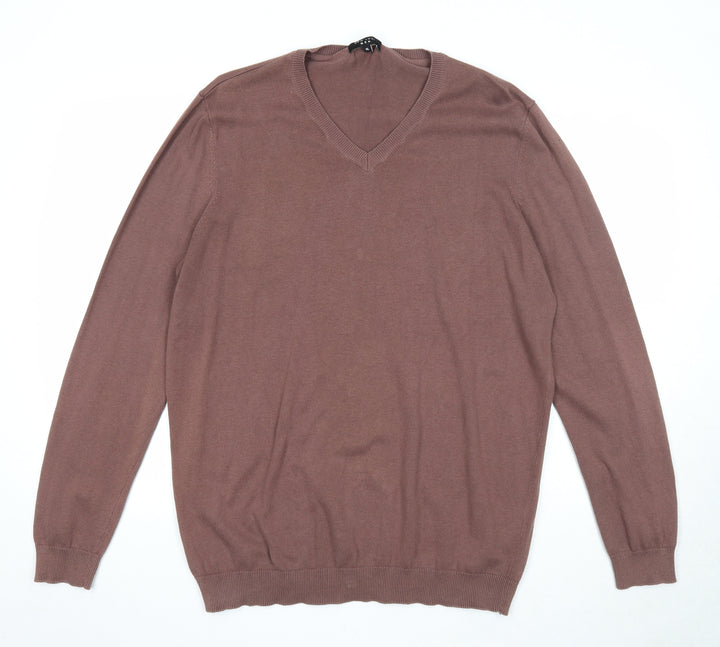 New Look Mens Brown V-Neck Cotton Pullover Jumper Size XL Long Sleeve
