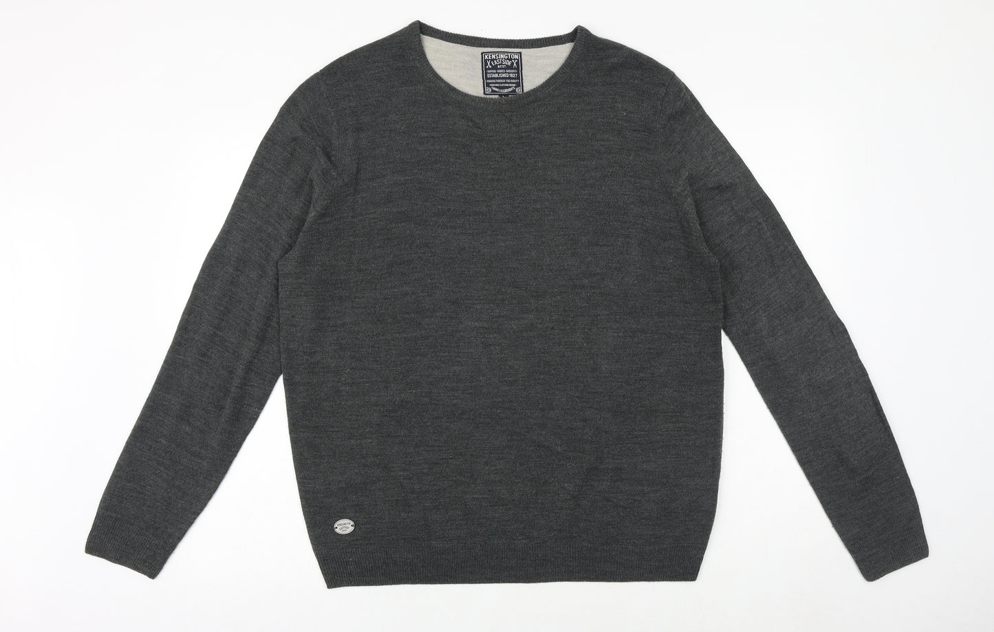 Kensington Mens Grey Round Neck Acrylic Pullover Jumper Size L Long Sleeve