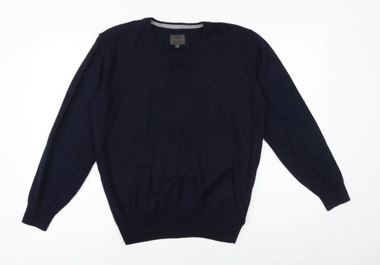 Front view of Douglas men’s blue v-neck acrylic jumper, size M, long sleeve