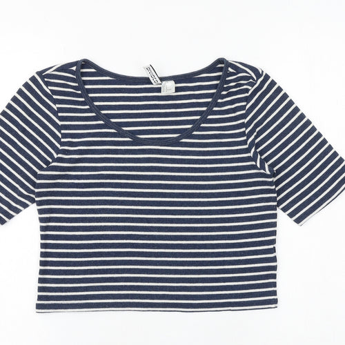 H&M Womens Blue Striped Cotton Cropped T-Shirt Size M Scoop Neck