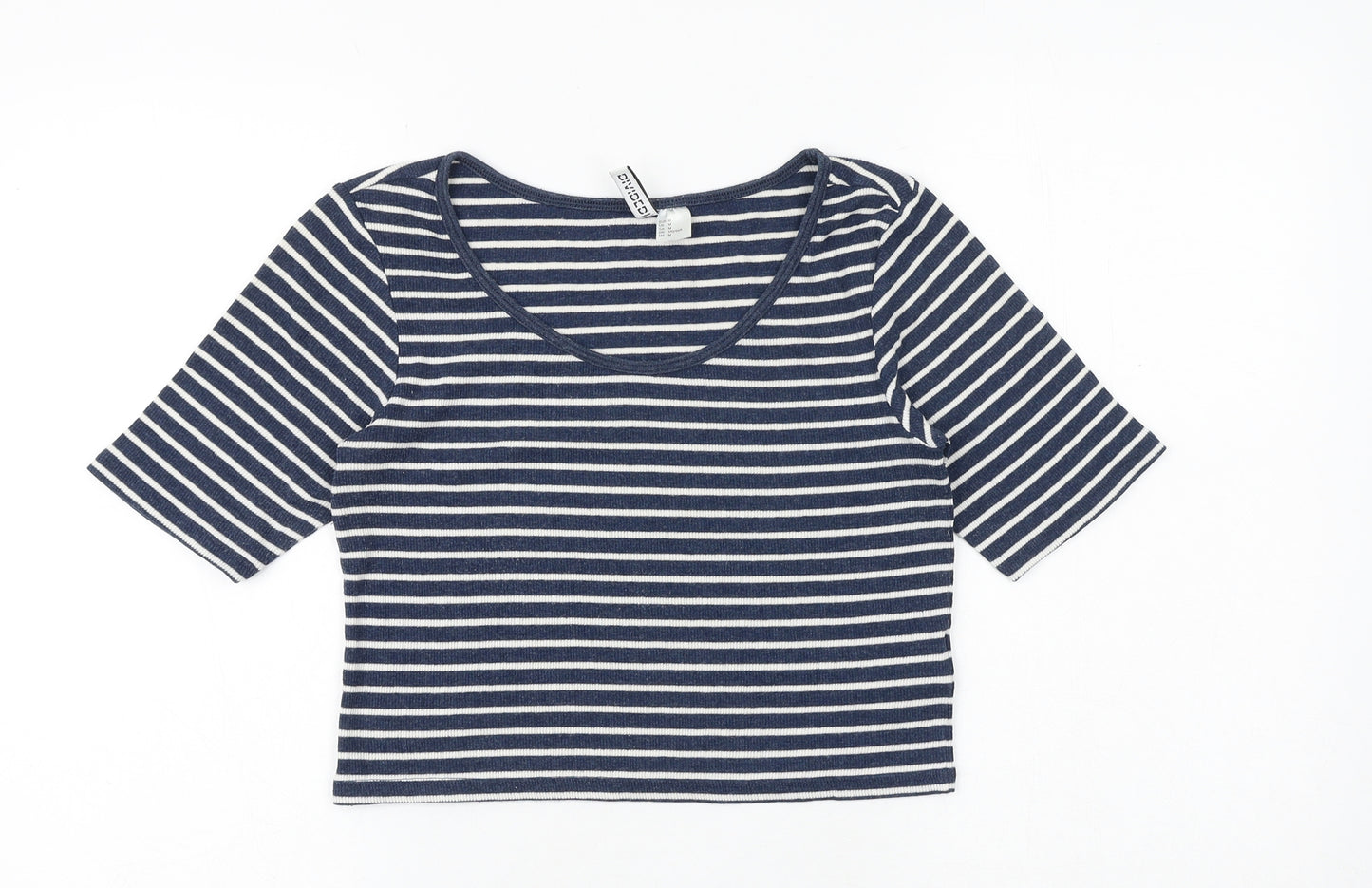 H&M Womens Blue Striped Cotton Cropped T-Shirt Size M Scoop Neck