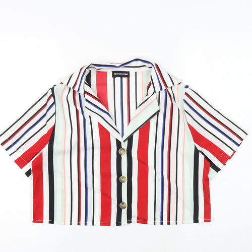 PRETTYLITTLETHING Womens Multicoloured Striped Polyester Cropped Button-Up Size 6 Collared