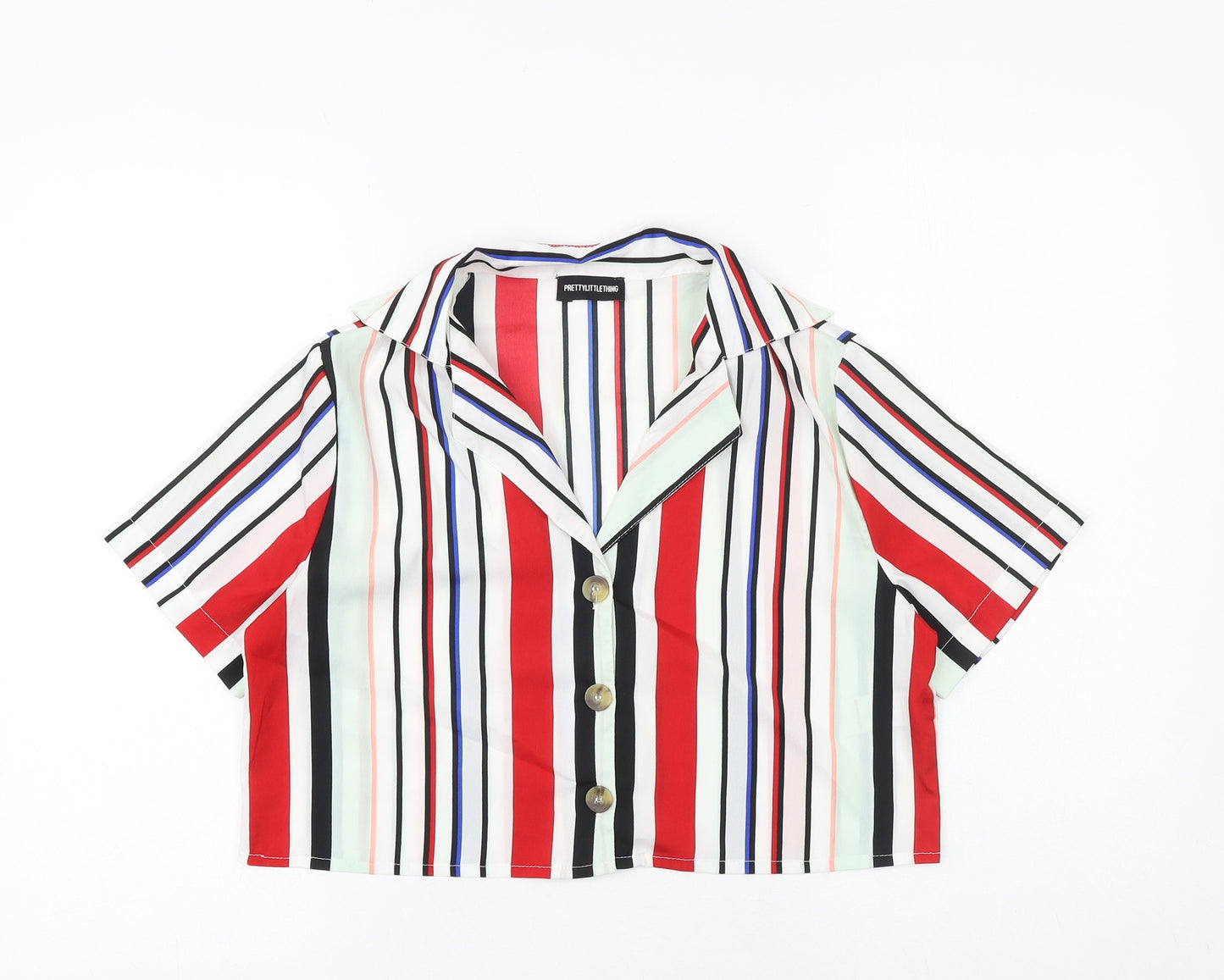 PRETTYLITTLETHING Womens Multicoloured Striped Polyester Cropped Button-Up Size 6 Collared