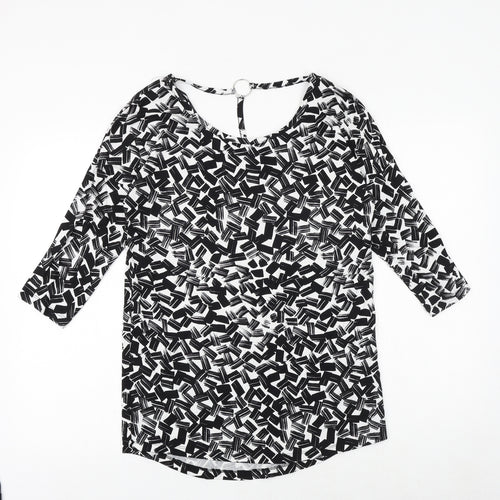 Dorothy Perkins Womens Black Geometric Viscose Basic Blouse Size 10 Round Neck - Ring Detail on Back