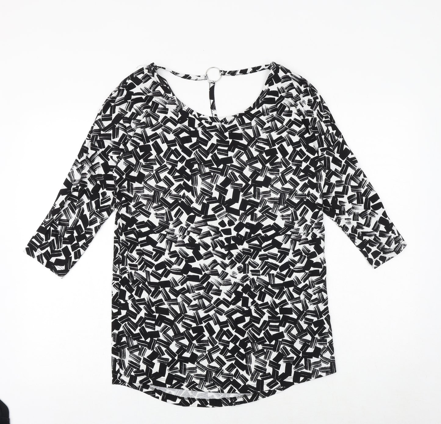 Dorothy Perkins Womens Black Geometric Viscose Basic Blouse Size 10 Round Neck - Ring Detail on Back
