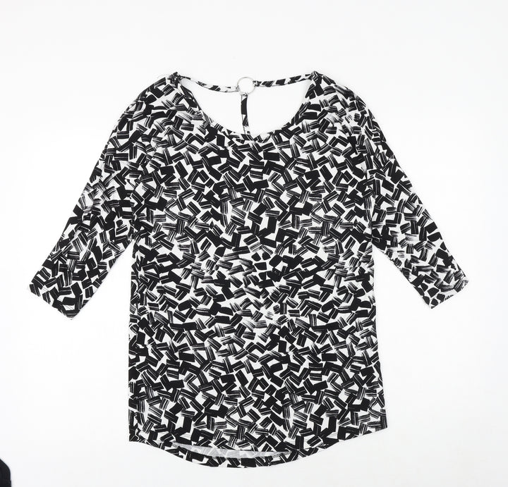 Dorothy Perkins Womens Black Geometric Viscose Basic Blouse Size 10 Round Neck - Ring Detail on Back