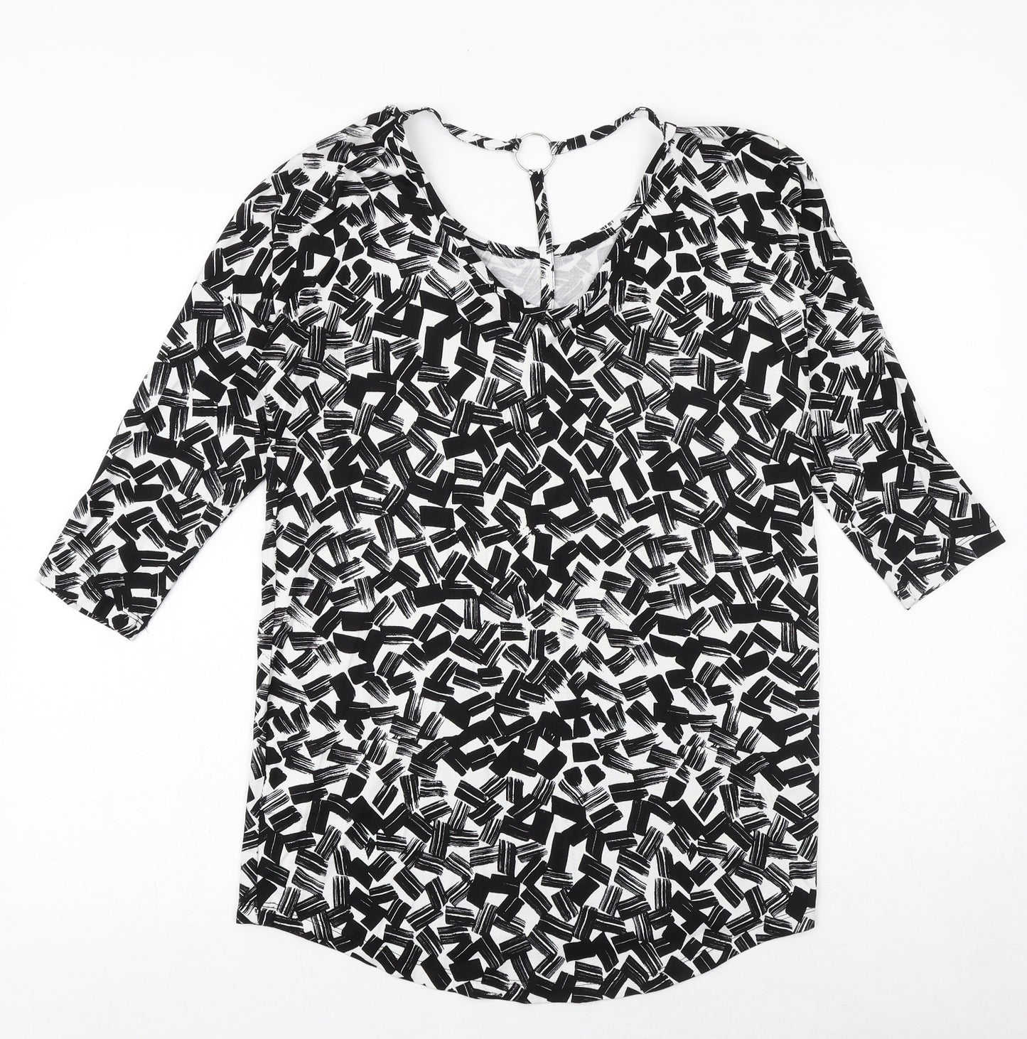 Dorothy Perkins Womens Black Geometric Viscose Basic Blouse Size 10 Round Neck - Ring Detail on Back
