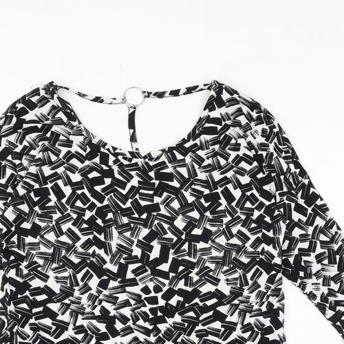 Dorothy Perkins Womens Black Geometric Viscose Basic Blouse Size 10 Round Neck - Ring Detail on Back