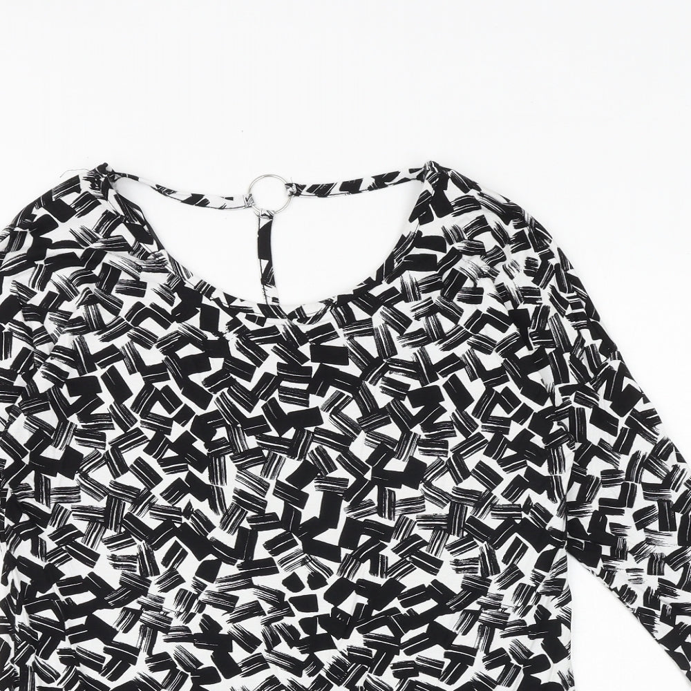 Dorothy Perkins Womens Black Geometric Viscose Basic Blouse Size 10 Round Neck - Ring Detail on Back